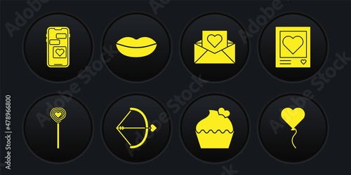 Set Lollipop, Photo frames and hearts, Bow arrow, Wedding cake with, Envelope Valentine, Smiling lips, Balloon form of and Mobile icon. Vector