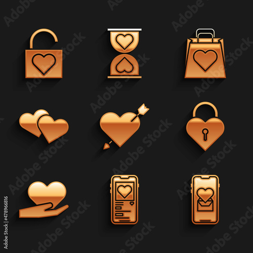 Set Amour with heart and arrow, Mobile, Castle in the shape of, Heart hand, Shopping bag and Lock icon. Vector