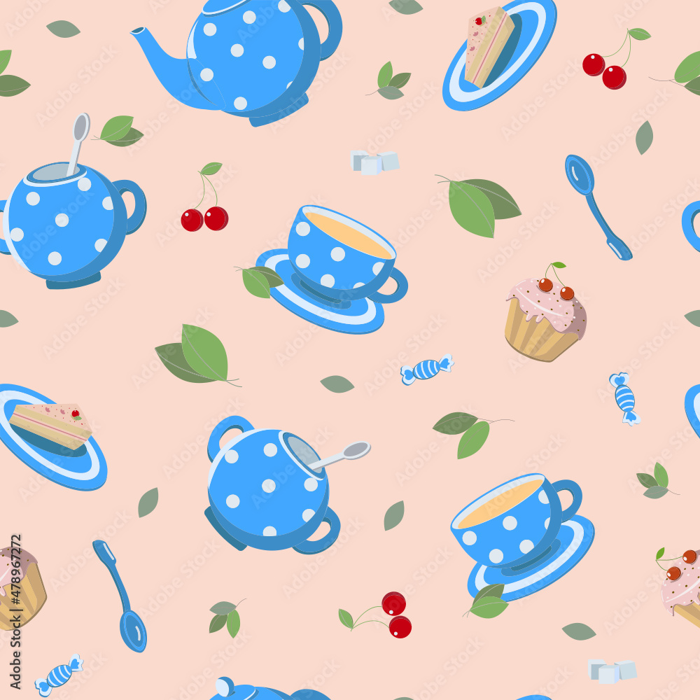 Vector Pattern set of blue crockery-teapot, cups, sugar bowl, spoons, cakes. Tea drinking, traditional ceremony. Tea in a cup and sweets. Decor for the kitchen. Illustration with isolated background.