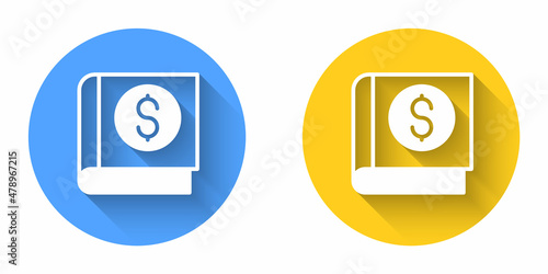White Financial book icon isolated with long shadow background. Circle button. Vector
