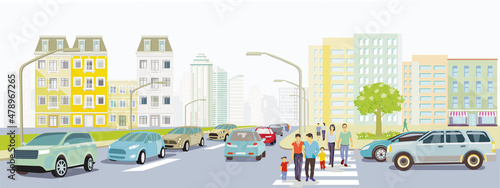 Stadtsilhouette mit Familien auf dem Zebrastreifen und Straßenverkehr, Illustration