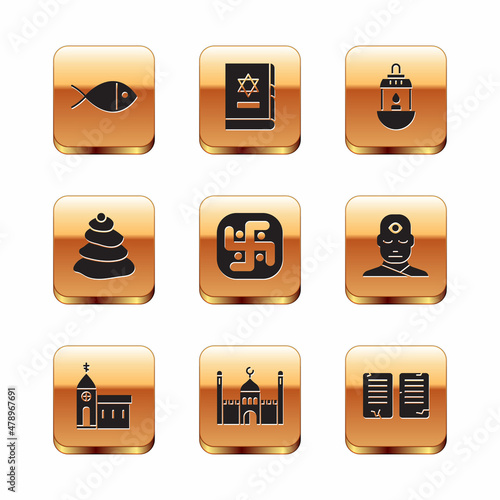 Set Christian fish, Church building, Muslim Mosque, Jainism, Stack hot stones, Ramadan Kareem lantern, The commandments and Jewish torah book icon. Vector