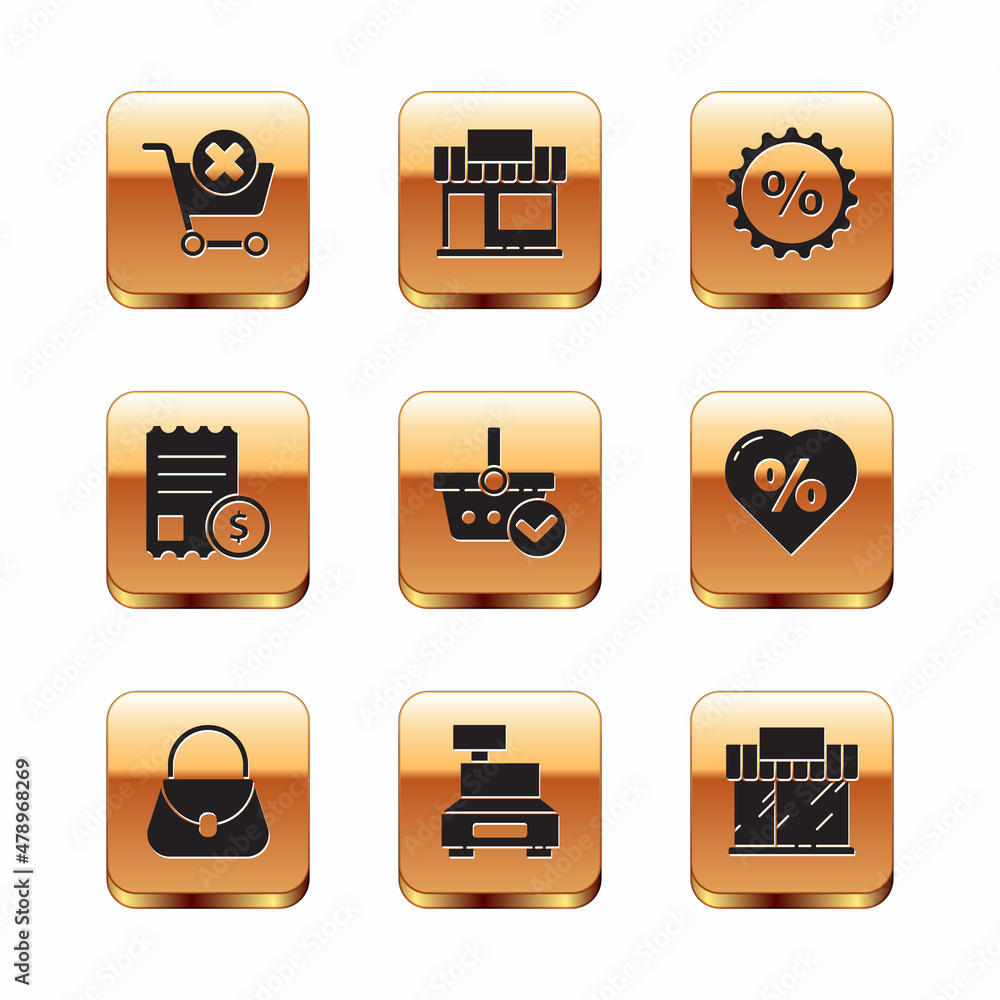 Set Remove shopping cart, Handbag, Cash register machine, Shopping basket with check mark, Paper financial, Discount percent tag, building or market store and icon. Vector Set Remove shopping cart, Handbag, Cash register machine, Shopping basket with check mark, Paper financial, Discount percent tag, building or market store and icon. Vector