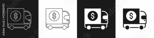 Set Armored truck icon isolated on black and white background. Vector