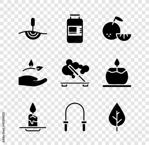 Set Acupuncture therapy, Collagen serum, Citrus fruit, Aroma candle, Jump rope, Leaf, in hand and Scented spa stick icon. Vector