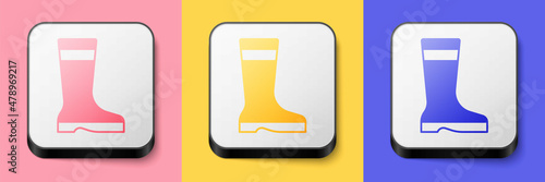 Isometric Fishing boots icon isolated on pink, yellow and blue background. Waterproof rubber boot. Gumboots for rainy weather, fishing, hunter, gardening. Square button. Vector