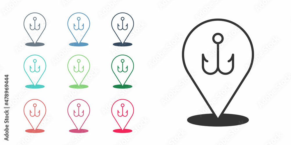 Black Fishing hook icon isolated on white background. Fishing tackle. Set icons colorful. Vector Black Fishing hook icon isolated on white background. Fishing tackle. Set icons colorful. Vector