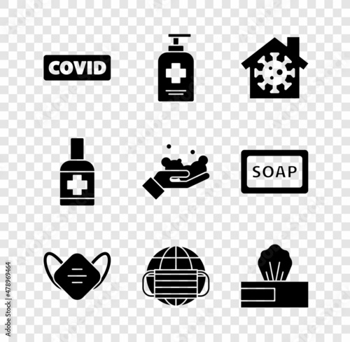 Set Corona virus covid-19, Liquid antibacterial soap, Stay home, Medical protective mask, Earth with medical, Wet wipe pack, and Washing hands icon. Vector