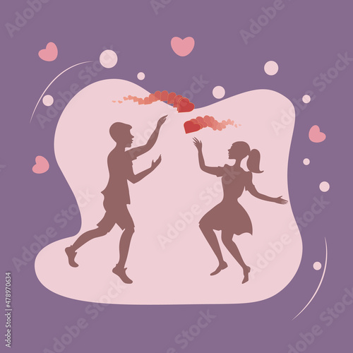 Valentine card with two young men and a girl in love with hearts on a background with design elements