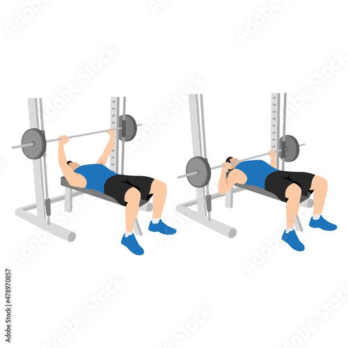 Man doing Smith machine barbell bench press flat vector illustration isolated on different layers