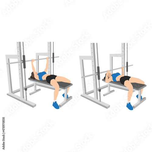 Tela Woman doing Smith machine barbell bench press flat vector illustration isolated