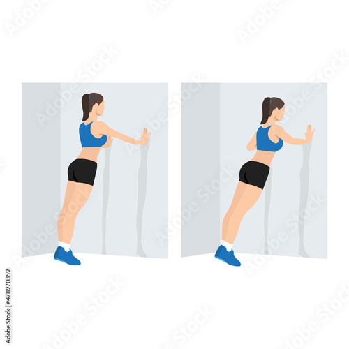 Woman doing Wall push up. Standing press up exercise. Flat vector illustration isolated on white background. workout character set