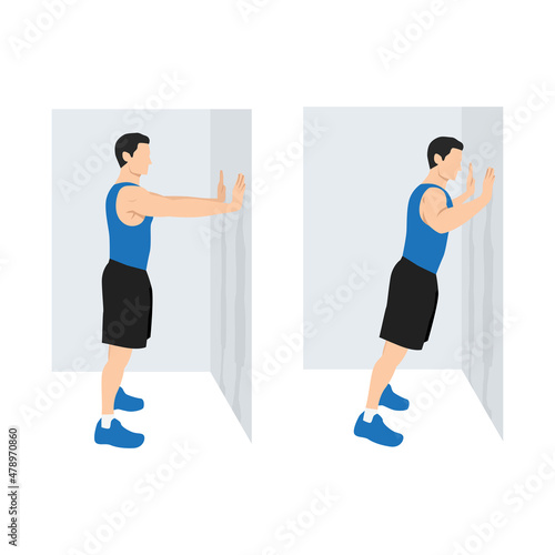 Man doing Wall push up. Standing press up exercise. Flat vector illustration isolated on white background. workout character set