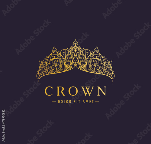 Abstract luxury, royal golden company logo icon vector design. Elegant crown, tiara, diadem premium symbol. Hand drawn lace jewelry, arabic, restaurant