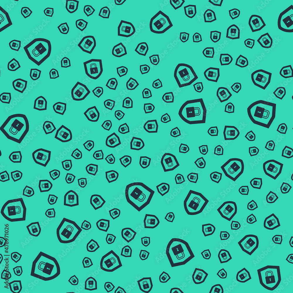 Black Shield security with lock icon isolated seamless pattern on green background. Protection, safety, password security. Firewall access privacy sign. Vector Black Shield security with lock icon isolated seamless pattern on green background. Protection, safety, password security. Firewall access privacy sign. Vector