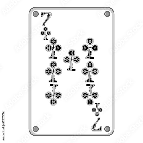 Seven of clubs in the style of mechanical steampunk. Vector illustration.