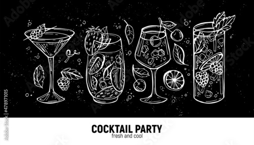 Set of cocktails, pencil hand-drawn. With berries and lemon slices. For menus and advertisements