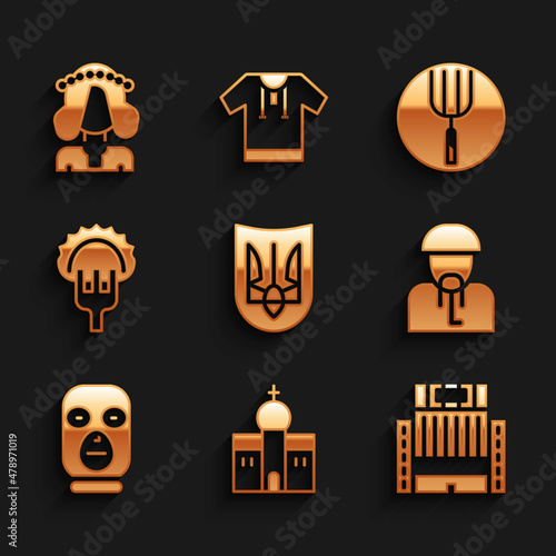 Set Ukrainian trident, Church building, Hotel Ukraina, cossack, Thief mask, Dumplings on fork, Garden pitchfork and woman icon. Vector