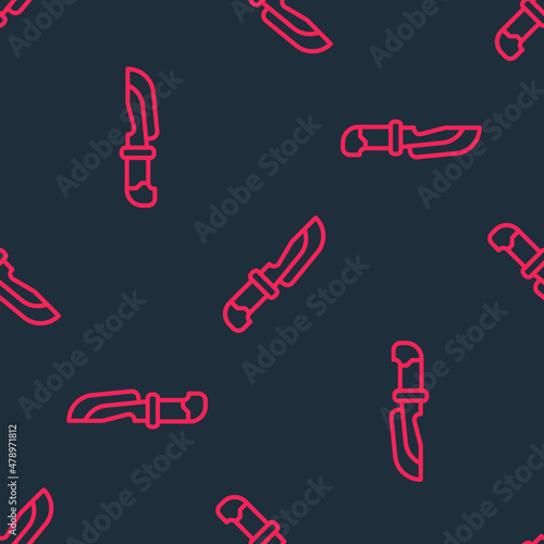 Red line Knife icon isolated seamless pattern on black background. Cutlery symbol. Vector