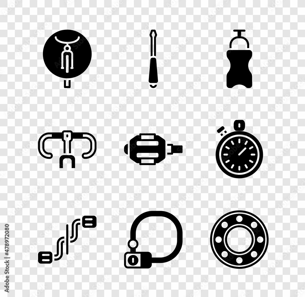 Set Bicycle, Screwdriver, Sport bottle with water, pedals, lock, ball bearing, handlebar and icon. Vector Set Bicycle, Screwdriver, Sport bottle with water, pedals, lock, ball bearing, handlebar and icon. Vector