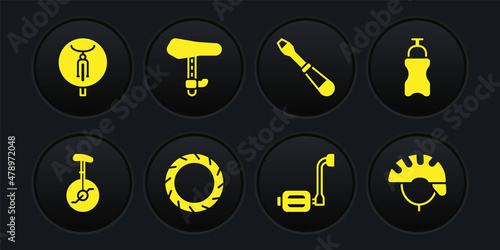 Set Unicycle or one wheel bicycle, Sport bottle with water, Bicycle tire, pedal, Screwdriver, seat, helmet and icon. Vector