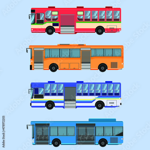 thai bus difference type, color middle size open the door for passenger come inside. vector illustration eps10.