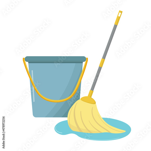 Vector mop and bucket. Floor mopping concept for housework design. Cleaning service banner. Domestic hygiene household. Cleaning equipment
