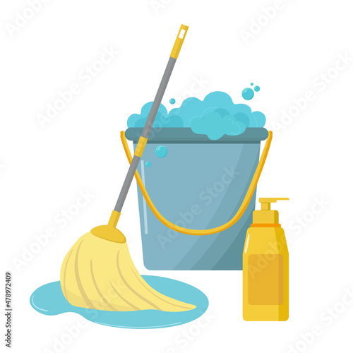 Cleaning service or household and housekeeping maintenance flat. Bucket with foam, mop and detergent bottle.