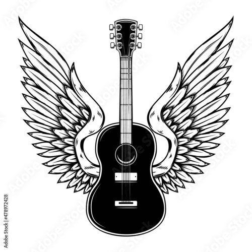 Illustration of winged rock guitar. Design element for logo, label, sign. Vector illustration