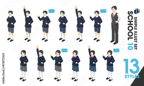 イラストセット「SCHOOL 10」13点 学生服 制服 ブレザー スカート 男女 / manga illustration vector school boy girl uniform