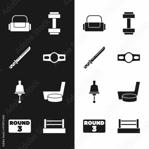 Set Boxing belt, Japanese katana, Sport bag, Dumbbell, Ringing, Ice hockey stick and puck, ring and board icon. Vector