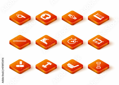 Set Vitamin pill, Dumbbell, Japanese katana, Sport boxing shoes, Ice hockey stick and puck, Stopwatch, Chest expander and icon. Vector