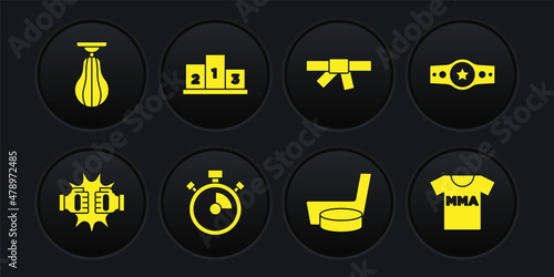 Set Punch in boxing gloves, Boxing belt, Stopwatch, Ice hockey stick and puck, Black karate, Award over sports winner podium, T-shirt with fight club MMA and Punching bag icon. Vector