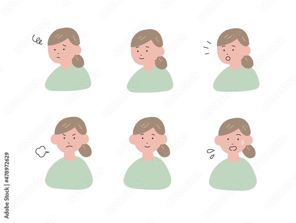 手描き風の女性の表情イラストセット 手描き風の女性の表情イラストセット