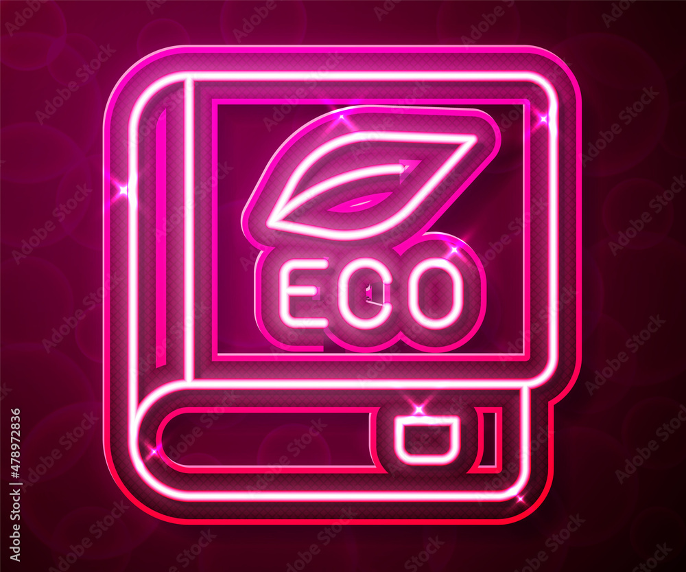 Glowing neon line Book about ecology icon isolated on red background. Biology book. Vector Glowing neon line Book about ecology icon isolated on red background. Biology book. Vector