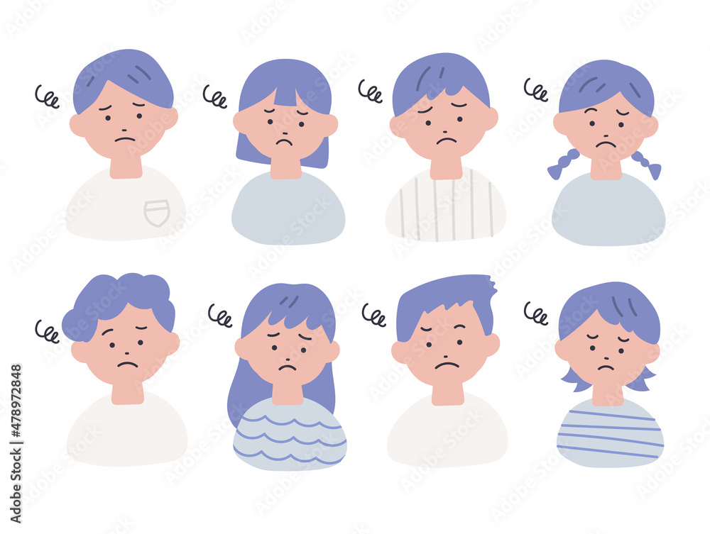 手描き風の子どもたちのイラストセット（悩む）