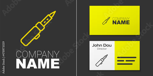 Logotype line Soldering iron icon isolated on grey background. Logo design template element. Vector