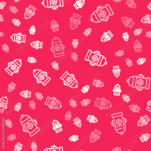 White line Fire hydrant icon isolated seamless pattern on red background. Vector