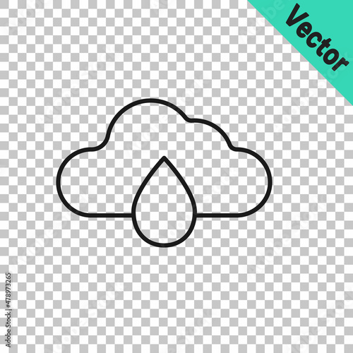 Black line Cloud with rain icon isolated on transparent background. Rain cloud precipitation with rain drops. Vector