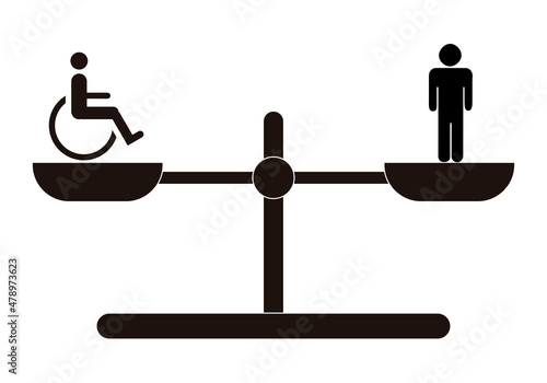 Balanza en equilibrio entre persona discapacitada y persona normal. 