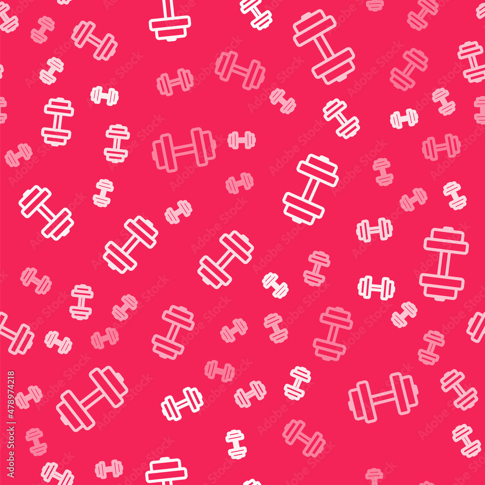 White line Dumbbell icon isolated seamless pattern on red background. Muscle lifting, fitness barbell, sports equipment. Vector White line Dumbbell icon isolated seamless pattern on red background. Muscle lifting, fitness barbell, sports equipment. Vector