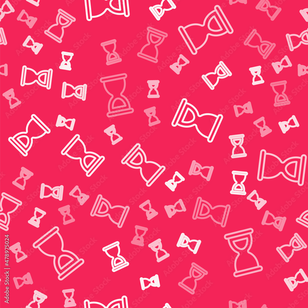 White line Old hourglass with flowing sand icon isolated seamless pattern on red background. Sand clock sign. Business and time management concept. Vector White line Old hourglass with flowing sand icon isolated seamless pattern on red background. Sand clock sign. Business and time management concept. Vector