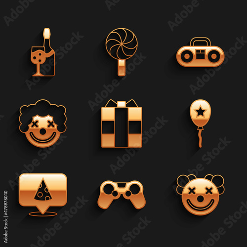 Set Gift box, Gamepad, Clown head, Balloon with ribbon, Slice of pizza, Home stereo two speakers and Champagne bottle icon. Vector