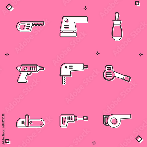 Set Reciprocating saw, Electric sander, Screwdriver, cordless screwdriver, jigsaw, Leaf garden blower, Chainsaw and Rotary hammer drill machine icon. Vector