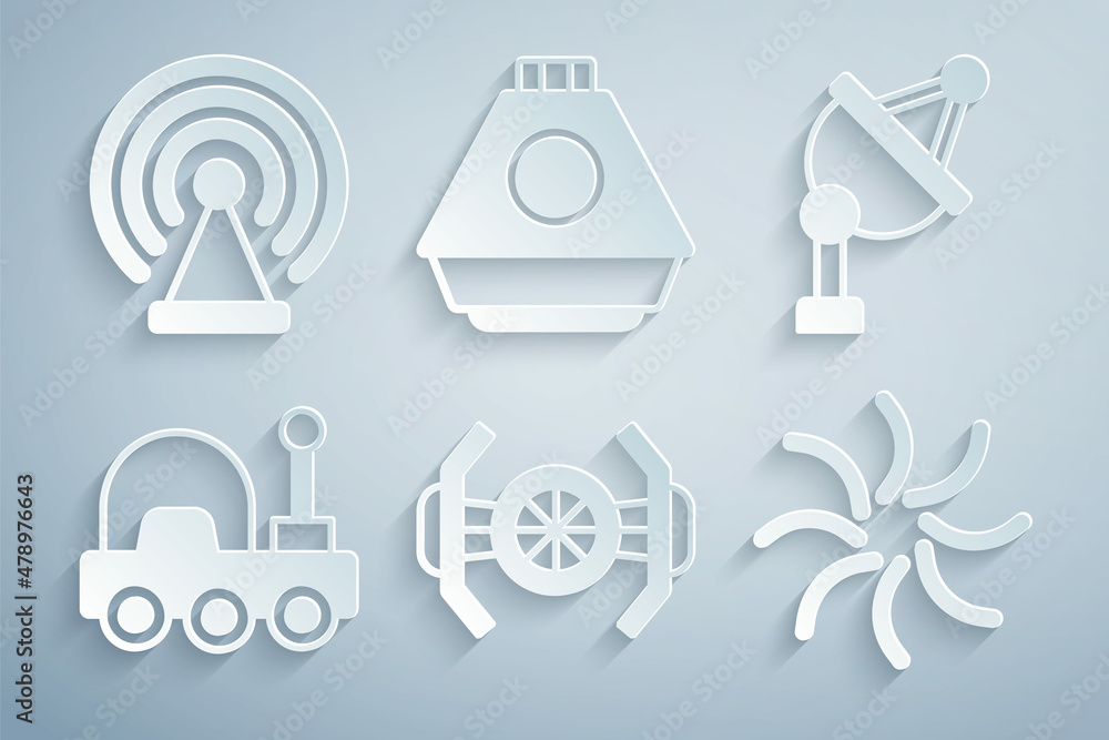 Set Cosmic ship, Satellite dish, Mars rover, Black hole, Space capsule and Radar icon. Vector Set Cosmic ship, Satellite dish, Mars rover, Black hole, Space capsule and Radar icon. Vector