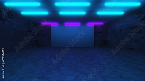Neon Tube Lights Glowing In Concrete Floor Room