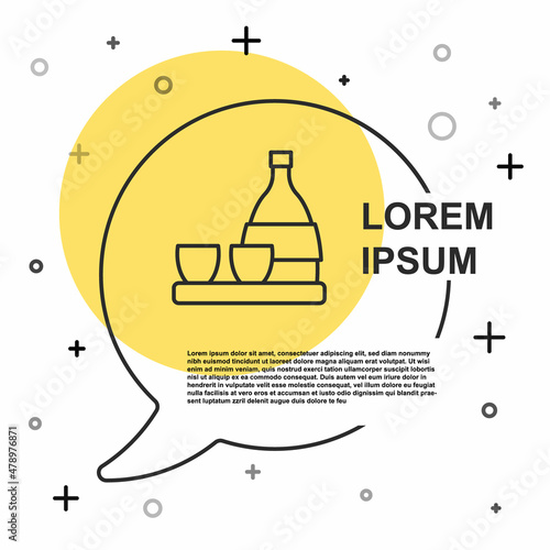 Black line Bottle of sake, small cup of sake icon isolated on white background. Random dynamic shapes. Vector