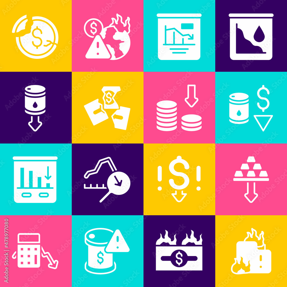 Set Fire in burning house, Gold bars, Drop crude oil price, Pie chart infographic, Tearing money banknote, Dollar rate decrease and icon. Vector Set Fire in burning house, Gold bars, Drop crude oil price, Pie chart infographic, Tearing money banknote, Dollar rate decrease and icon. Vector