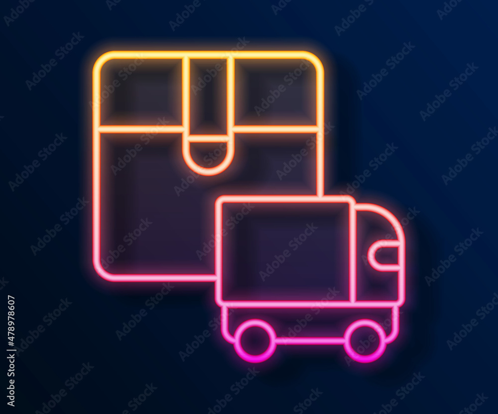 Glowing neon line Delivery cargo truck vehicle icon isolated on black background. Vector Glowing neon line Delivery cargo truck vehicle icon isolated on black background. Vector