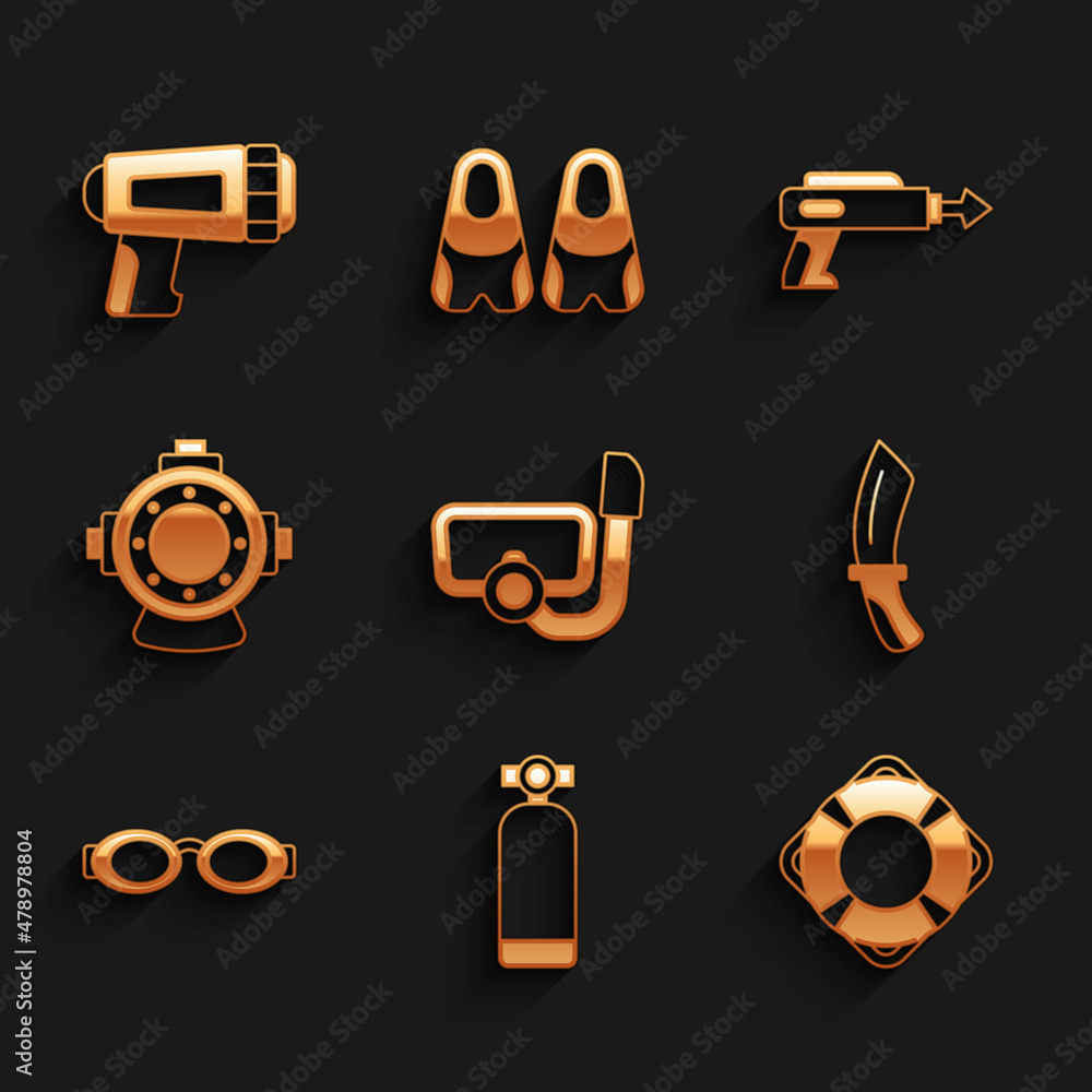 Set Diving mask with snorkel, Aqualung, Lifebuoy, knife, Glasses for swimming, Fishing harpoon and Flashlight diver icon. Vector Set Diving mask with snorkel, Aqualung, Lifebuoy, knife, Glasses for swimming, Fishing harpoon and Flashlight diver icon. Vector